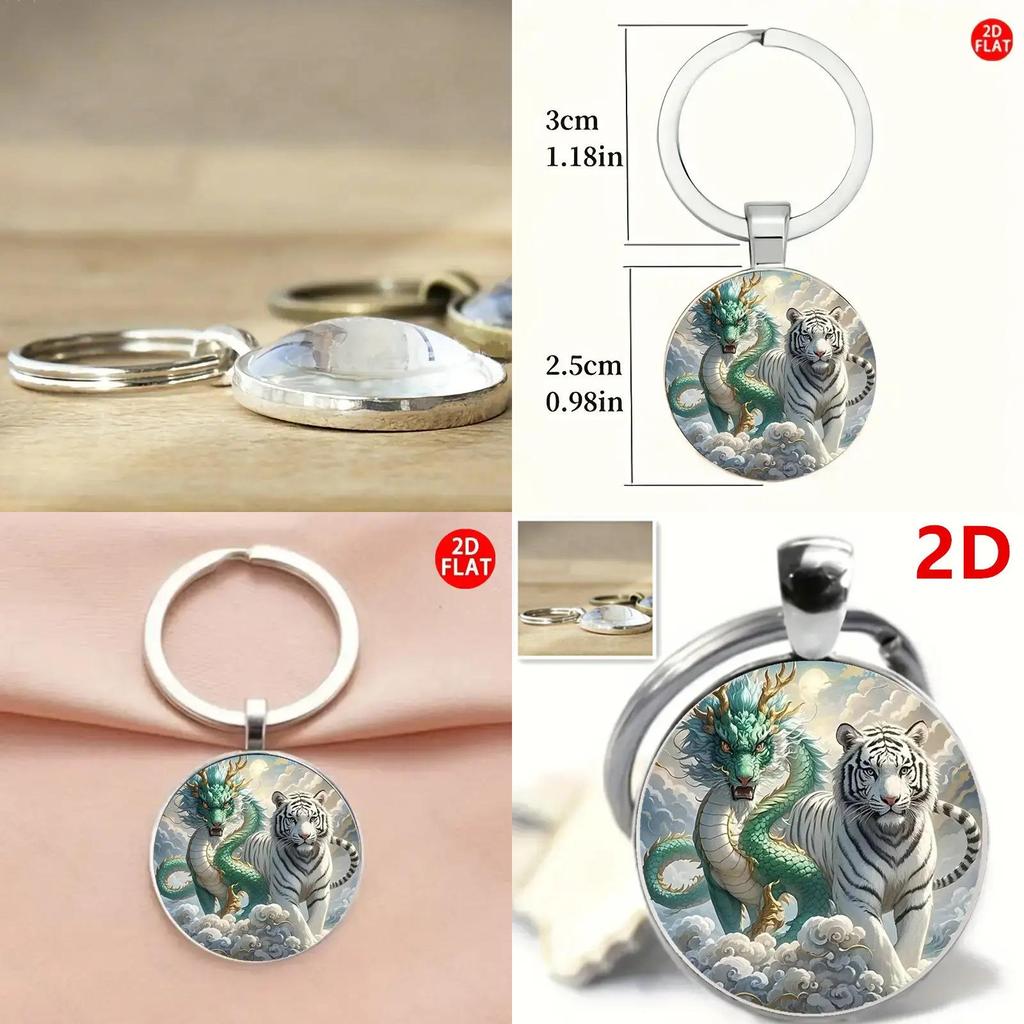 Modern Style Dragon And Tiger Keyring Glass Alloy Pendant For Gift Giving And Decoration