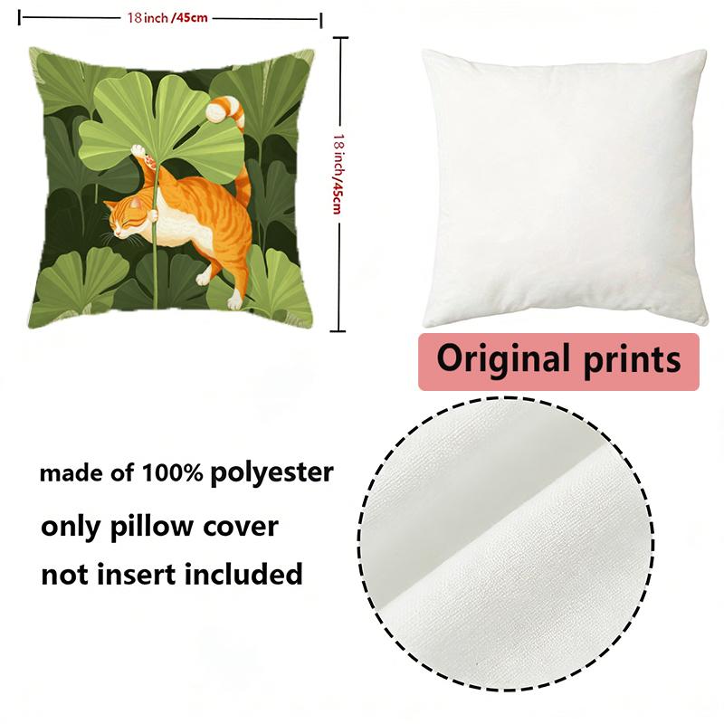 Ginger Cat & Tropical Leaf Print Cushion Covers Pattern Cushion Cover Suitable For Sofa Bedroom Car Pillow Cover