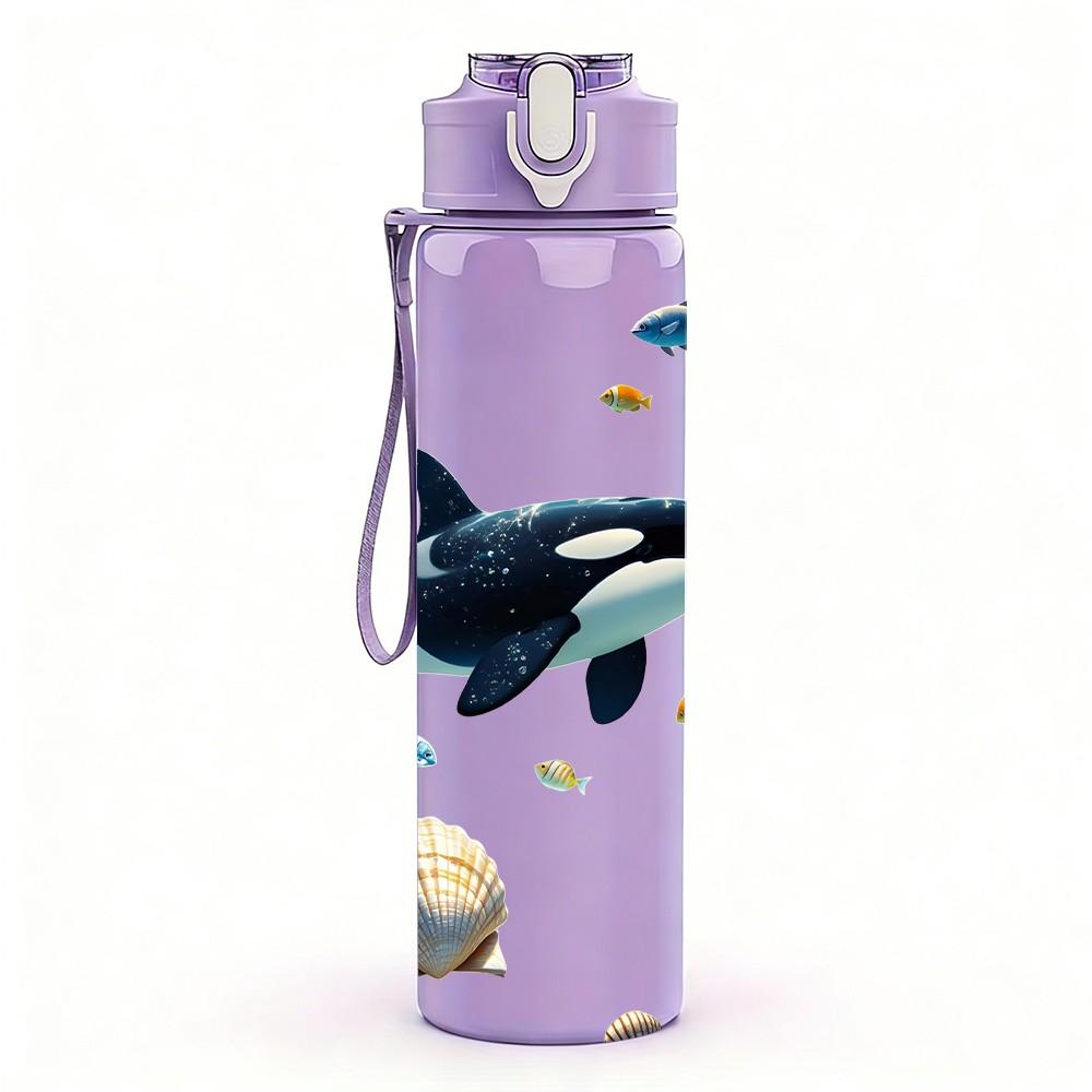 1PC Orca Killer Whale Ocean Animal Print 750ml Color Plastic Sports Water Bottle Leakproof Flip Straw Lid Suitable for Sports Office Home Use