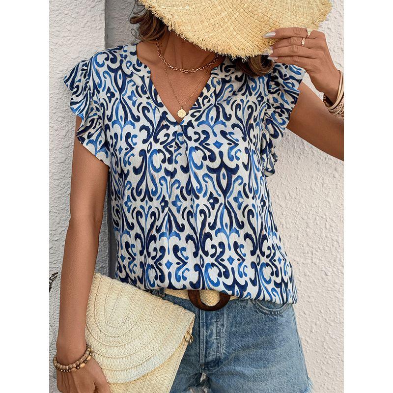 Summer Bohemia Style Short Sleeve Pullover Shirt Women 2025 Fashion Loose Pullover V-neck Ruffle Sleeve Top Women