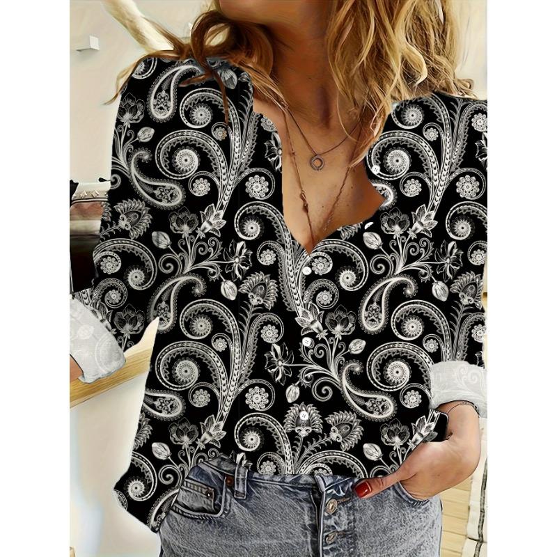 Women'S Fashion Printed Long Sleeve Collared Shirt