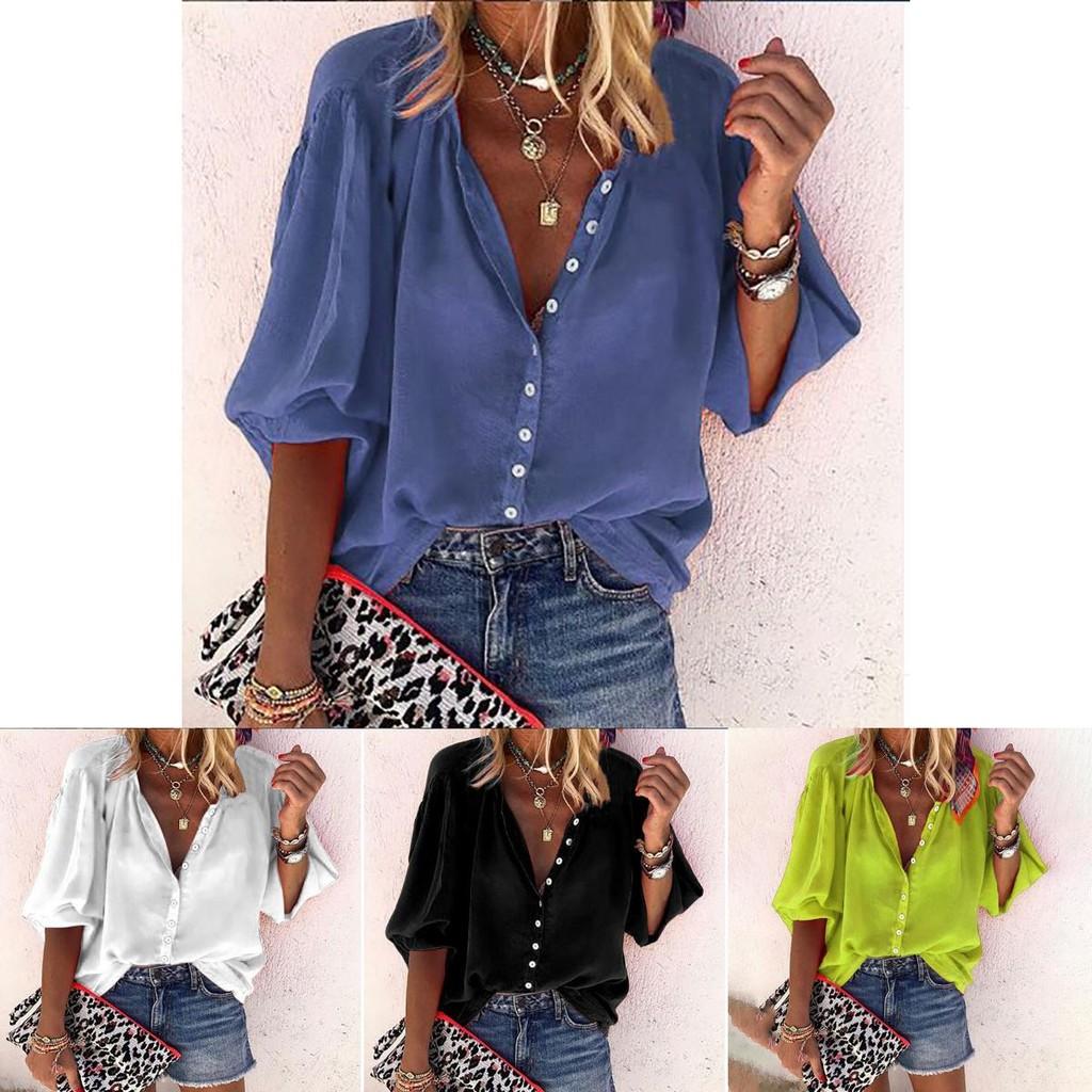 Elegante Top Camicia da Donna a Manica 3/4 Comodo Vestibilità Larga Camicetta Bottoni T-shirt