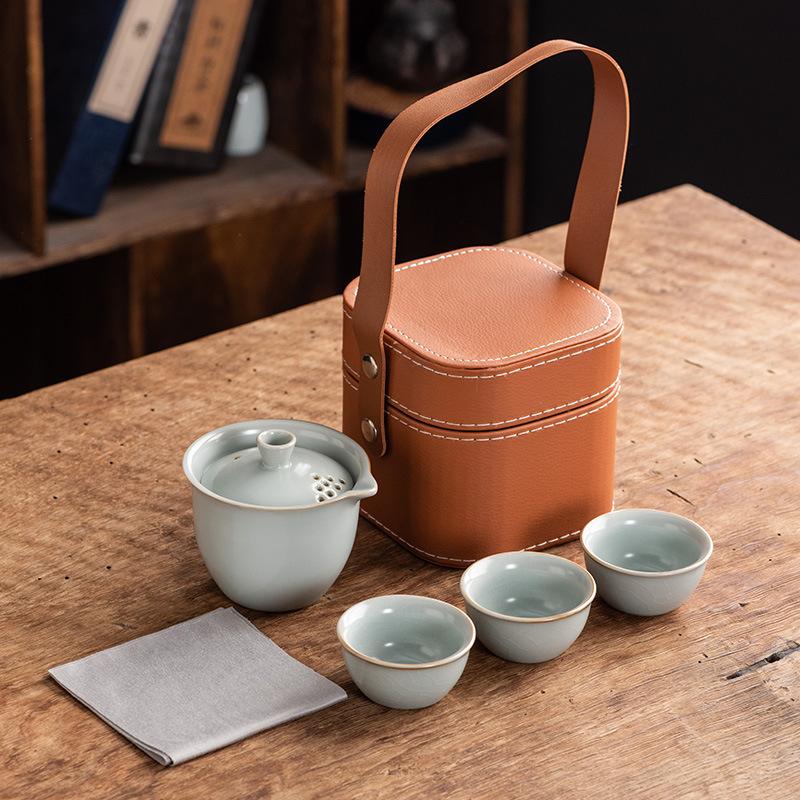 Celadon Ge Kiln Opening Film Can Raise Outdoor Portable Travel Tea Set, One Pot and Three Cups of Kuaike Tea Cup Gifts