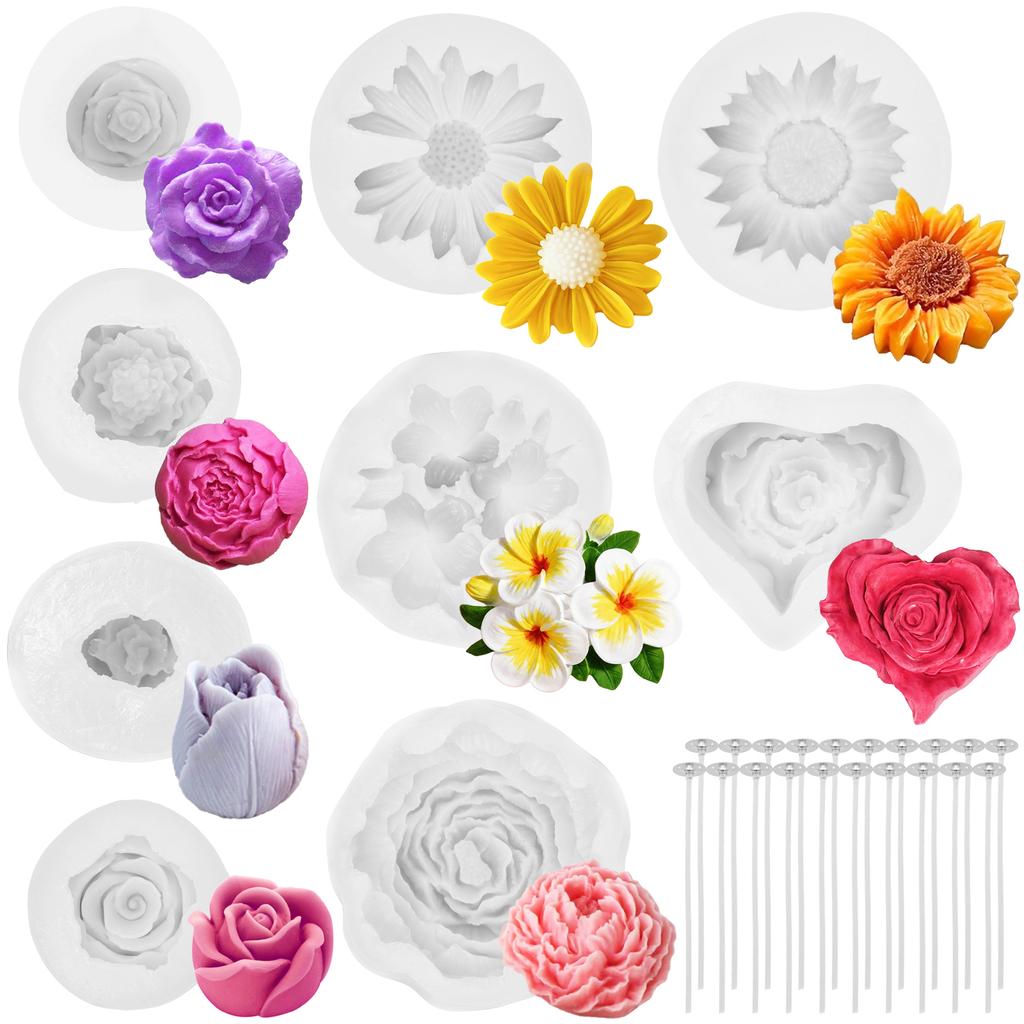 6/8/9 Pcs Flower Candle Mold Reusable Silicone Flower Candles Mold Scented Candle Making Molds with Candle Heart for Handmade
