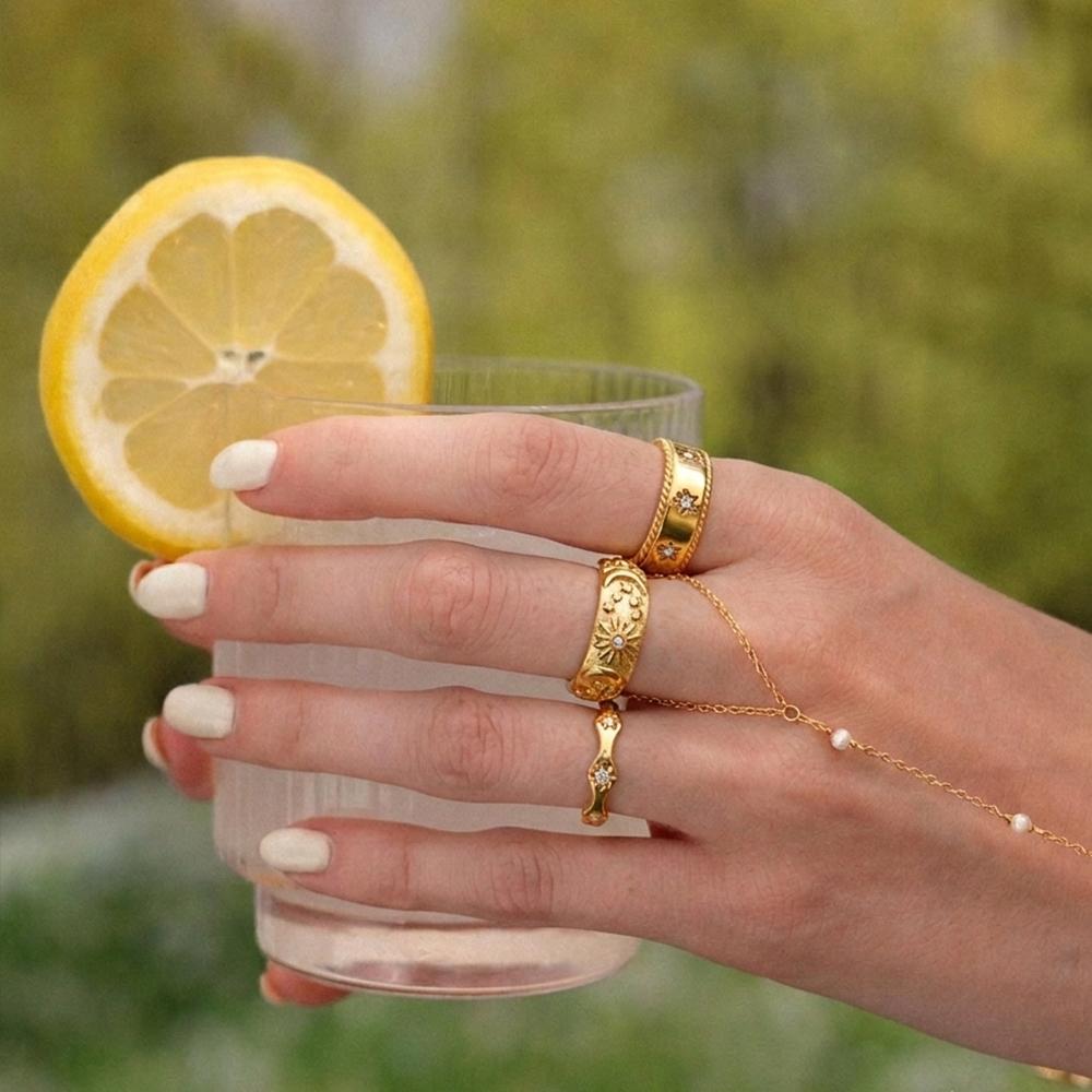 La.Muses Ripple Edged Octagonal Cubic Zircon Pattern Stainless Steel Women's Rings Waterproof Daily High-end Jewelry Accessories