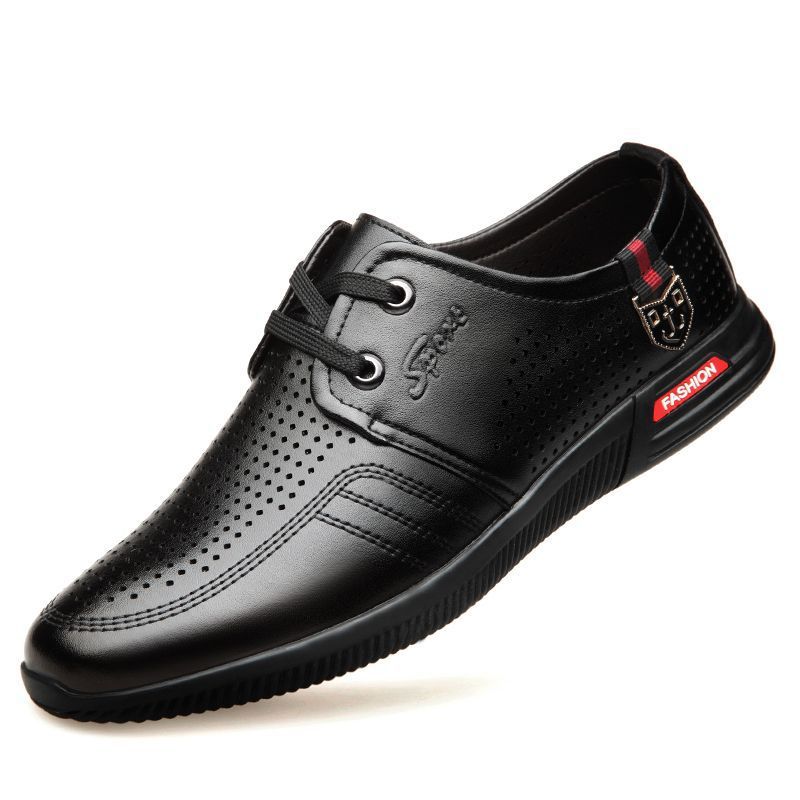 Men's shoes summer hollow breathable casual shoes soft leather British male dad inner height increase cool leather shoes hole shoes