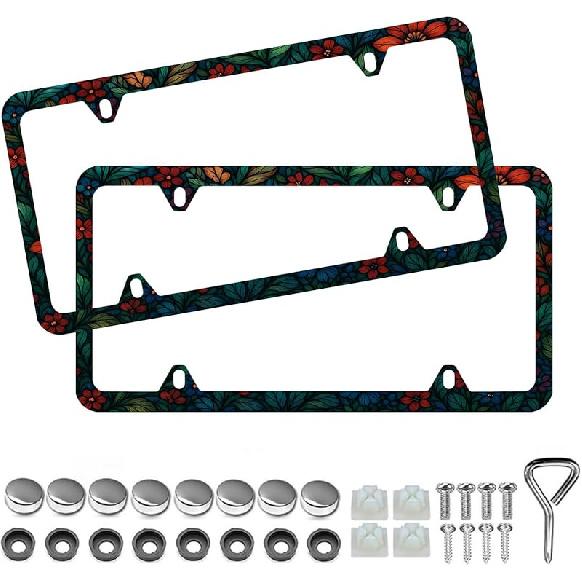 Elegant Faux Floral License Plate Frame - Unobstructed Narrow-Edge 2 Packs Universal Stainless Steel Car License Plate Frames Holder Solid Holder