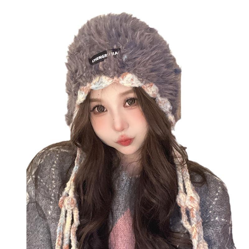 Rainbow Tassel Wool Hat for Women Warm Ethnic Style Ear Protection Hat Winter Outdoor Face Showing Small Sweet Knitted Hat Trend