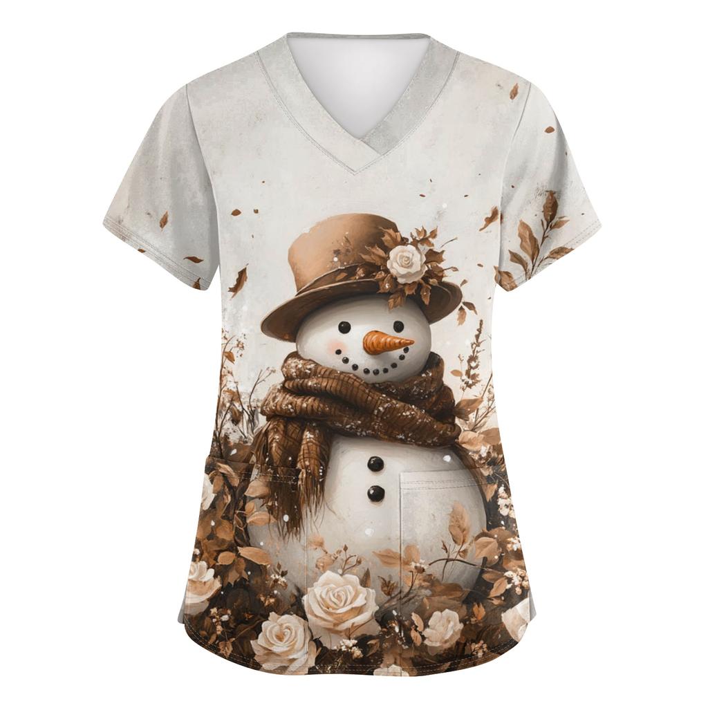 Women's V-neck Christmas Printed Short-sleeved Pocket Side-slit Protective Suit Top