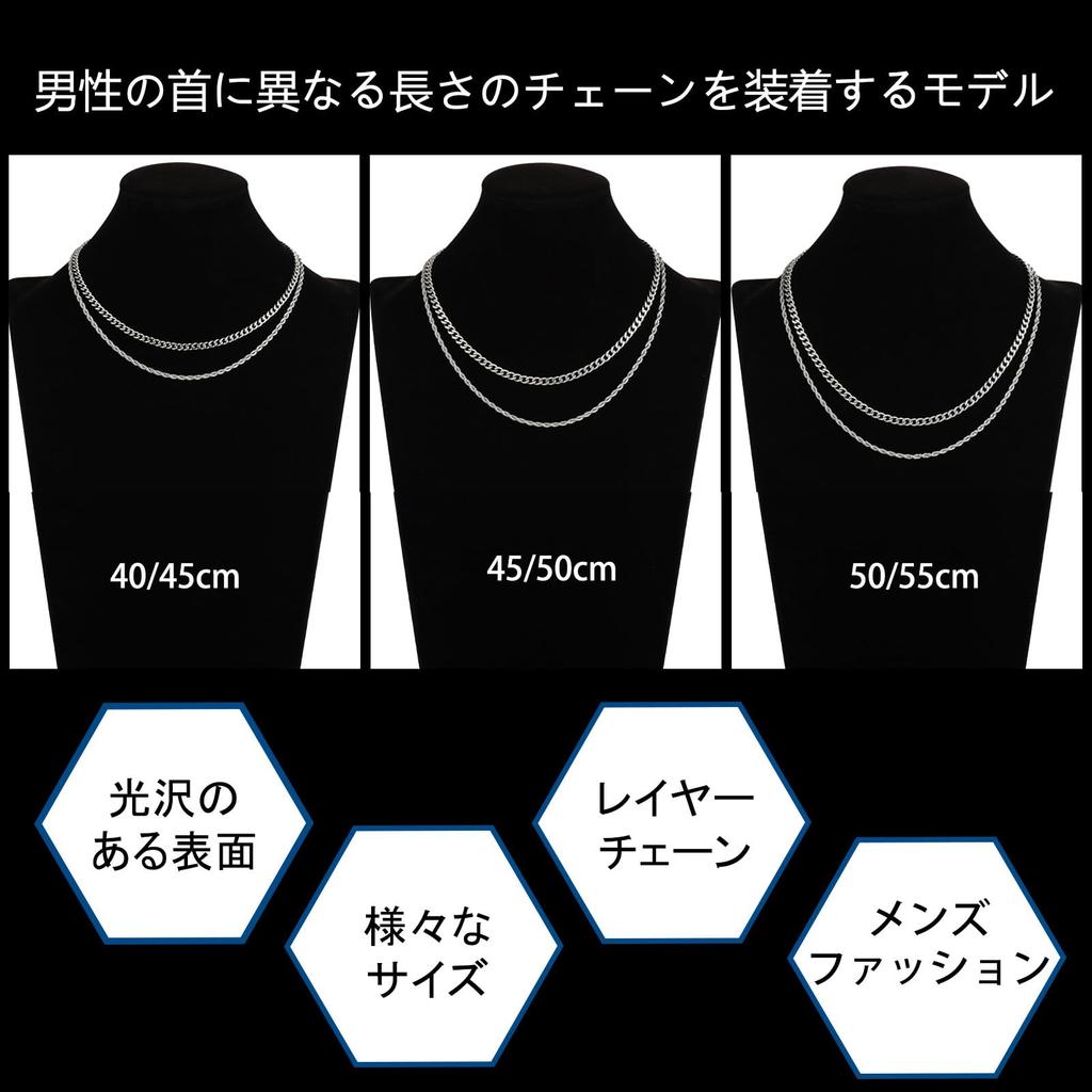 DuoDiner Men's Silver Double-Strand Necklace, Hypoallergenic, Curb Chain, Surgical Stainless Steel, 40/45/50/55cm (Silver, 50/55cm)