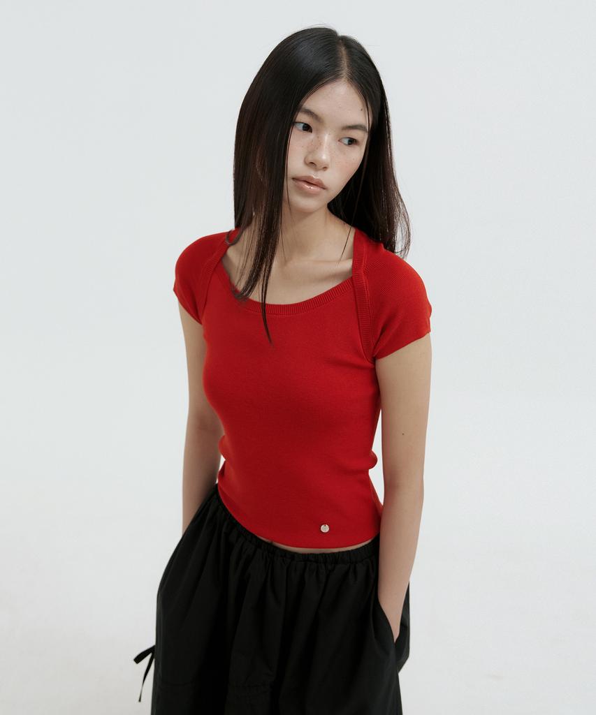 LUCIR ZU Boatneck Bolero Knit Top (Red)