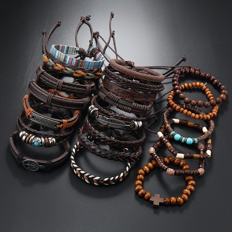 New 21-piece fabric turquoise wood bead alloy wax thread leather bracelet leather jewelry