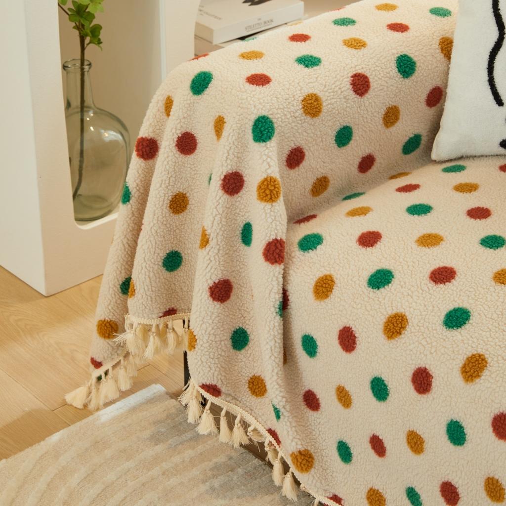 Bunte Punkte Sherpa Verdicken Warmes Sofa Handtuch mit Quasten, für Weihnachts-Atmosphäre Wohnzimmer Deko Couch Freizeitdecke Sofaüberwurf
