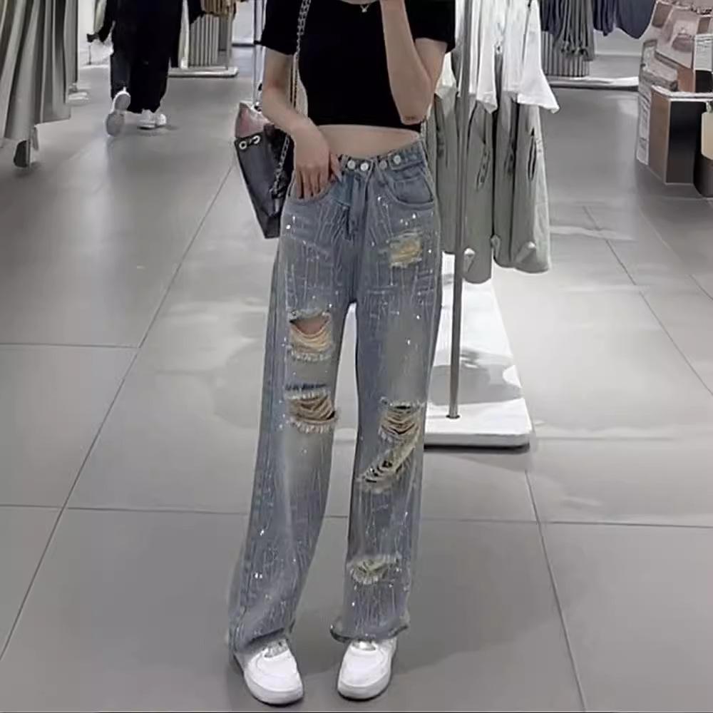 

Джинси прямого крою з високою посадкою з рваним декором, весна/осінь 2024: Міський трендсеттерський стиль 3XL [Recommended 70-80 kg] синій