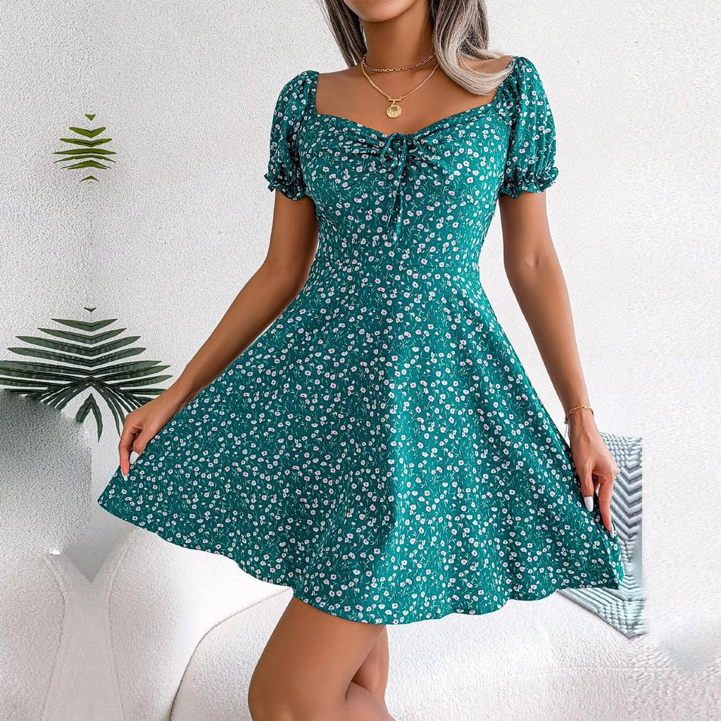 Ženy Jaro Léto Ležérní Rozšířený rukáv Šněrovací Květinové Swing Šaty S-XL