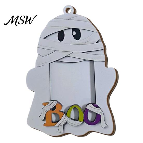 Halloween Keepsake Frame Cute Ghost Wooden Photo with Hanging Rope, Creative Durable Slot Picture for Holiday Party Decor And Home Wall Decoration