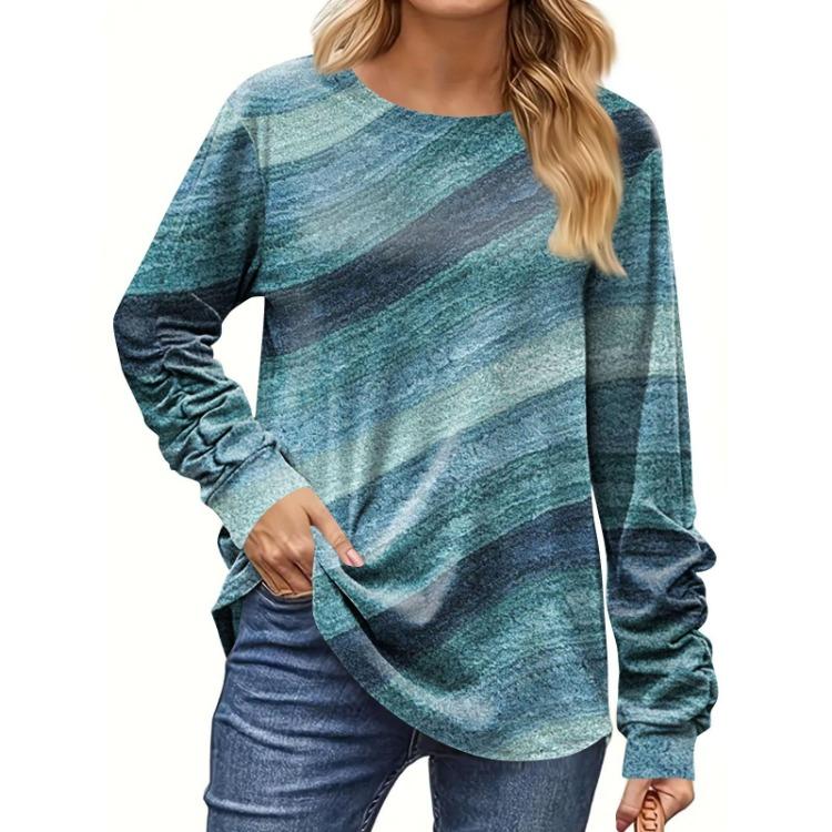 

Long Sleeve Print Pullover Top Blouse Casual Round Neck Women Fashion S синий