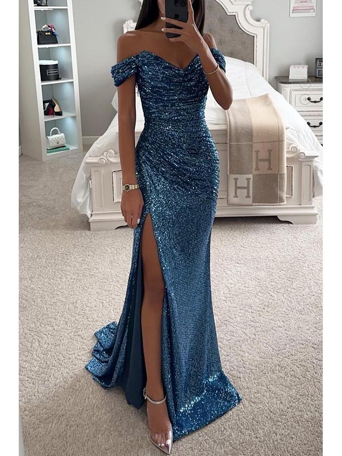 Evropské a americké společenské šaty na jedno rameno se sekviny a rozparkem - Dámská ležérní móda