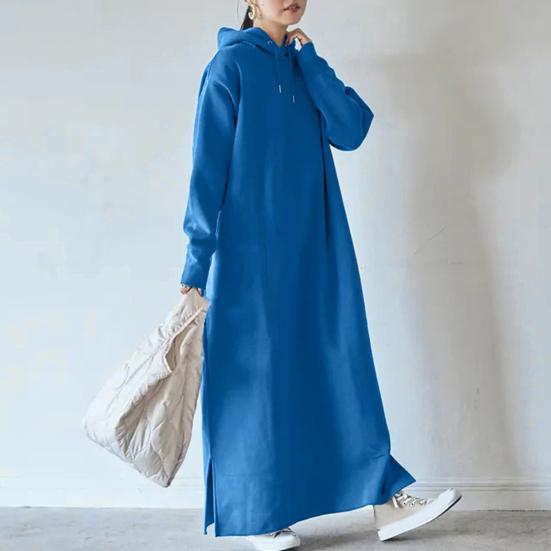 Kordelzug, lange Ärmel, seitlicher Schlitz am Saum, verdicktes Fleece-Futter, Sweatshirt-Kleid, Herbst-Winter, einfarbig, übergroßes, warmes Maxikleid mit Kapuze