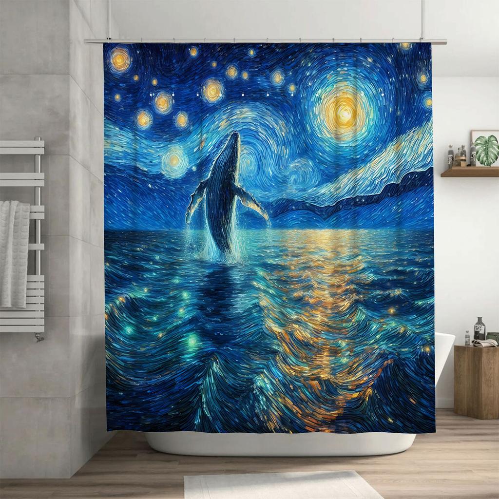 Starry Night Whale Shower Curtain Inspired By Van Gogh Artwork Add A Touch Of Magic To Your Bathroom Decor Complimentary Hook