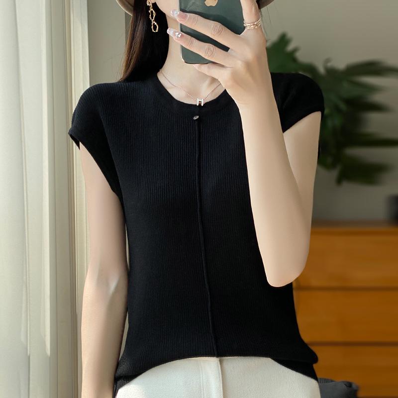 Merino Wool Women's Short Sleeve Round Neck Knit Top with Center Seam