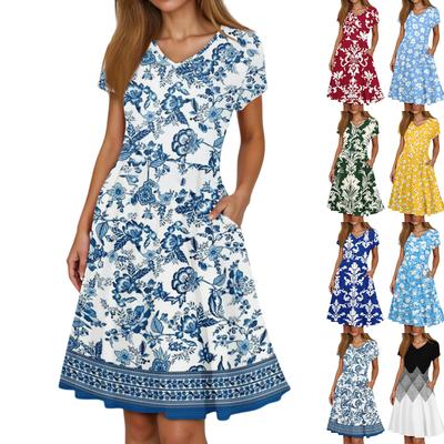 Ladies Summer Fashion Casual Floral Print V-Neck Short Sleeve Pocket Dress