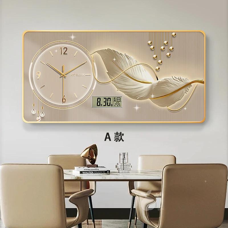 New perpetual calendar decorative painting light luxury feather wall clock living room hanging painting home electronic clock