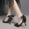 High heels bow sandals 2025 summer new popular temperament French beaded middle heel pointed white single shoes