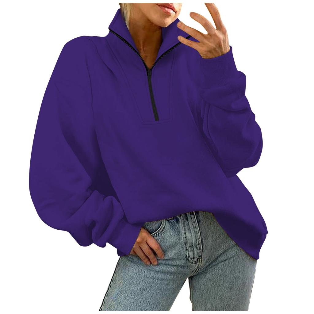 Sweat-shirt décontracté pour femme à la mode, couleur unie, col en V, zippé, ample, manches longues, poche latérale