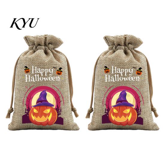 Lightweight Candy Carriers 2Pcs Halloween Pumpkin Drawstring Bags for Treats, Retro Burlap Pattern Party Favors Trick or Treat Bags, Portable