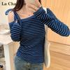 La Chapelle Damen Gestreiftes Off-Shoulder Langarm-T-Shirt