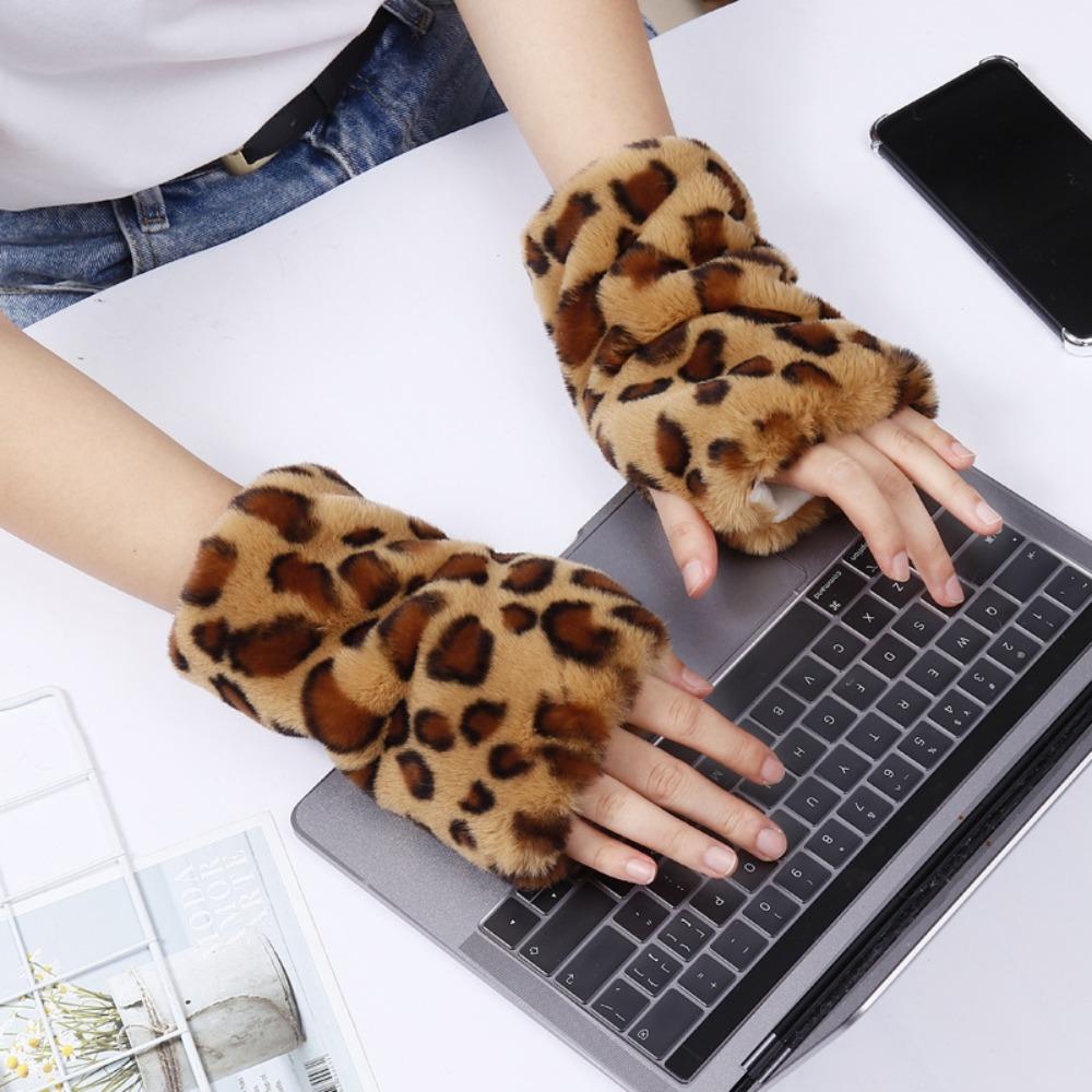 Touch Screen Half Finger Gloves Leopard Print Stylish Mittens Trend Faux Fur Gloves Outdoor Sports