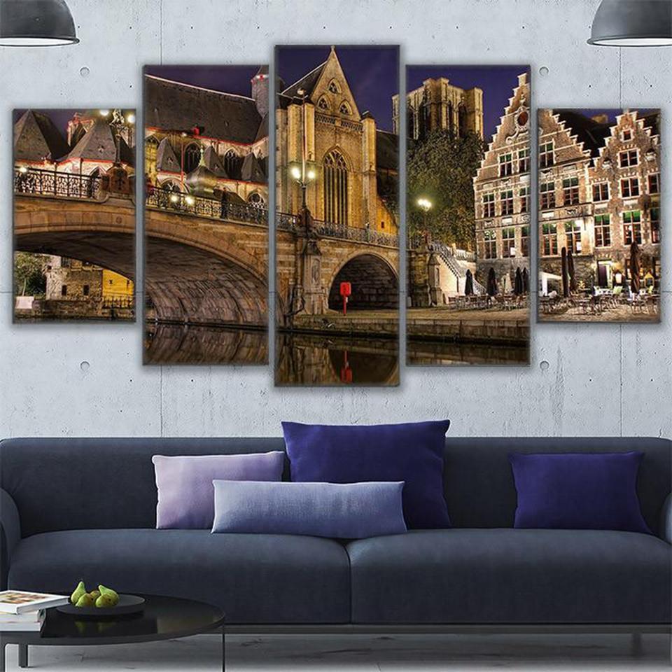 Impresión en Lienzo Mejor Calificada Sala de Estar Arte de Pared Cuadros Marco 5 Piezas Puente en Brujas Paisaje Nocturno de la Ciudad Póster Decorativo para el Hogar Sin Marco