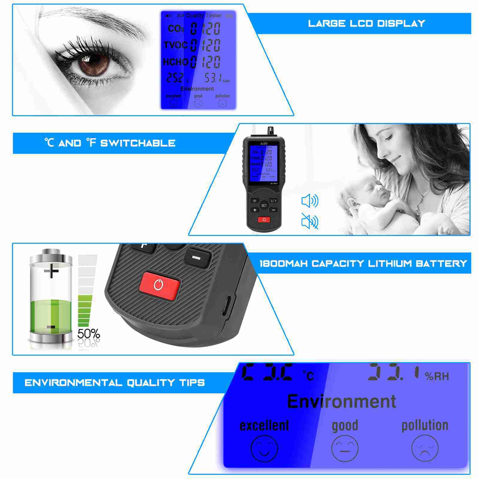 

Multifunctional Quality Tester CO2 TVOC Meter Temperature Humidity Measuring Device