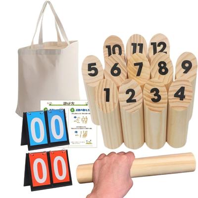[Angelicate] Skittle Game Set with Throw Sticks, Scoreboard, Storage Bag, and Instructions. Outdoor, Competitive Game, Wooden, Finnish, Sports, Wood