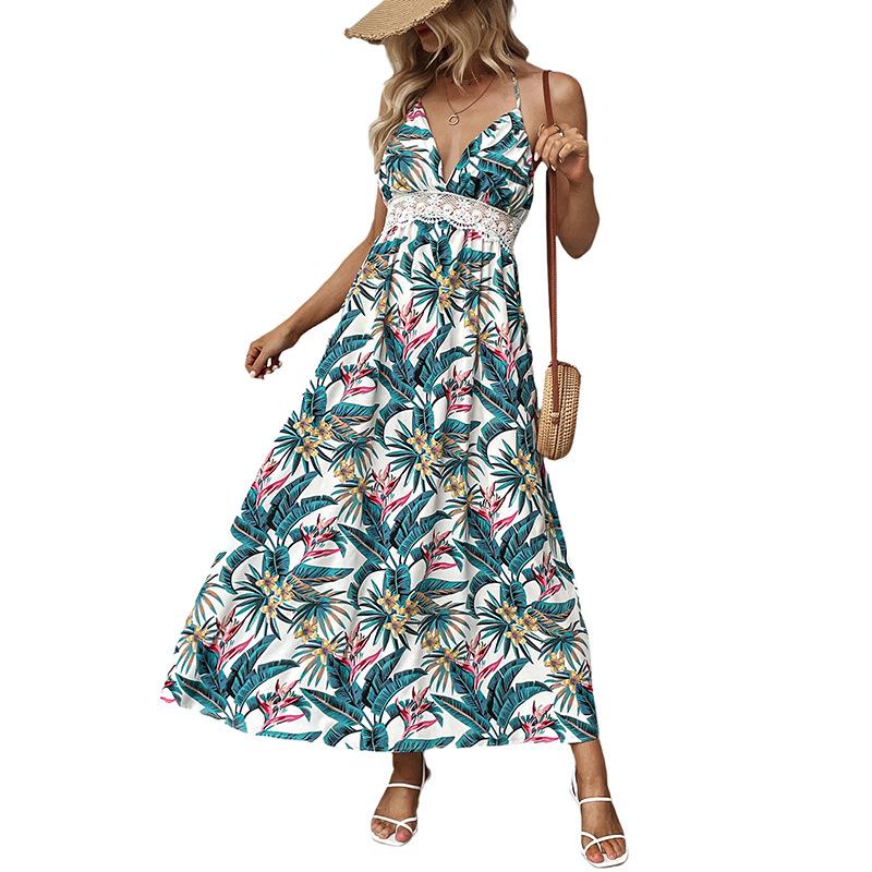 Independent Station New European and American Summer Seaside Skirt Cross-border Foreign Trade Plant Printing Suspender Vacation Splicing Dress
