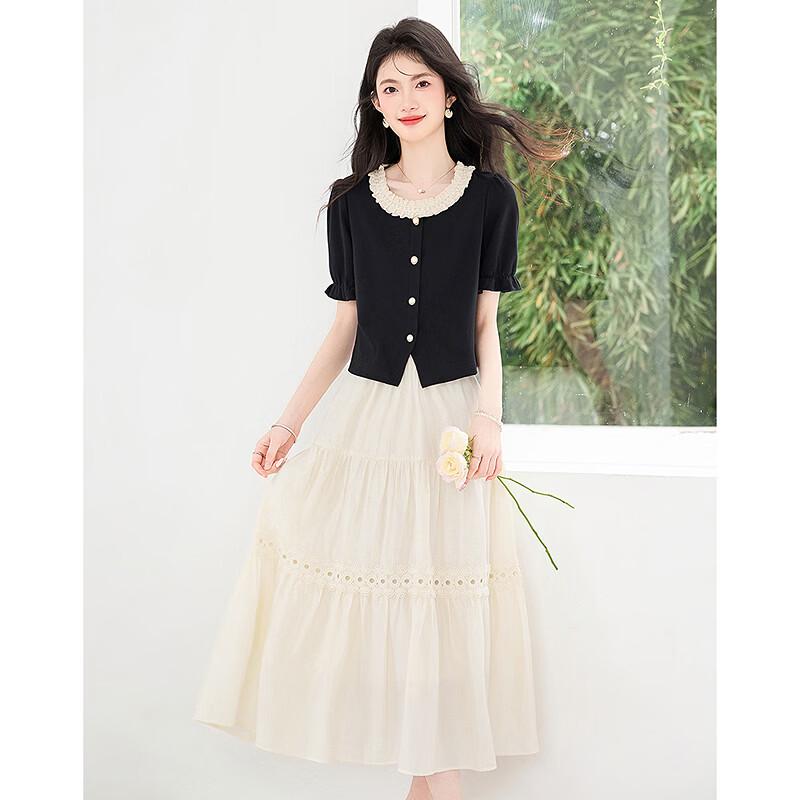 Elegant Lace-Spliced Short Sleeve Top & Midi Skirt Set