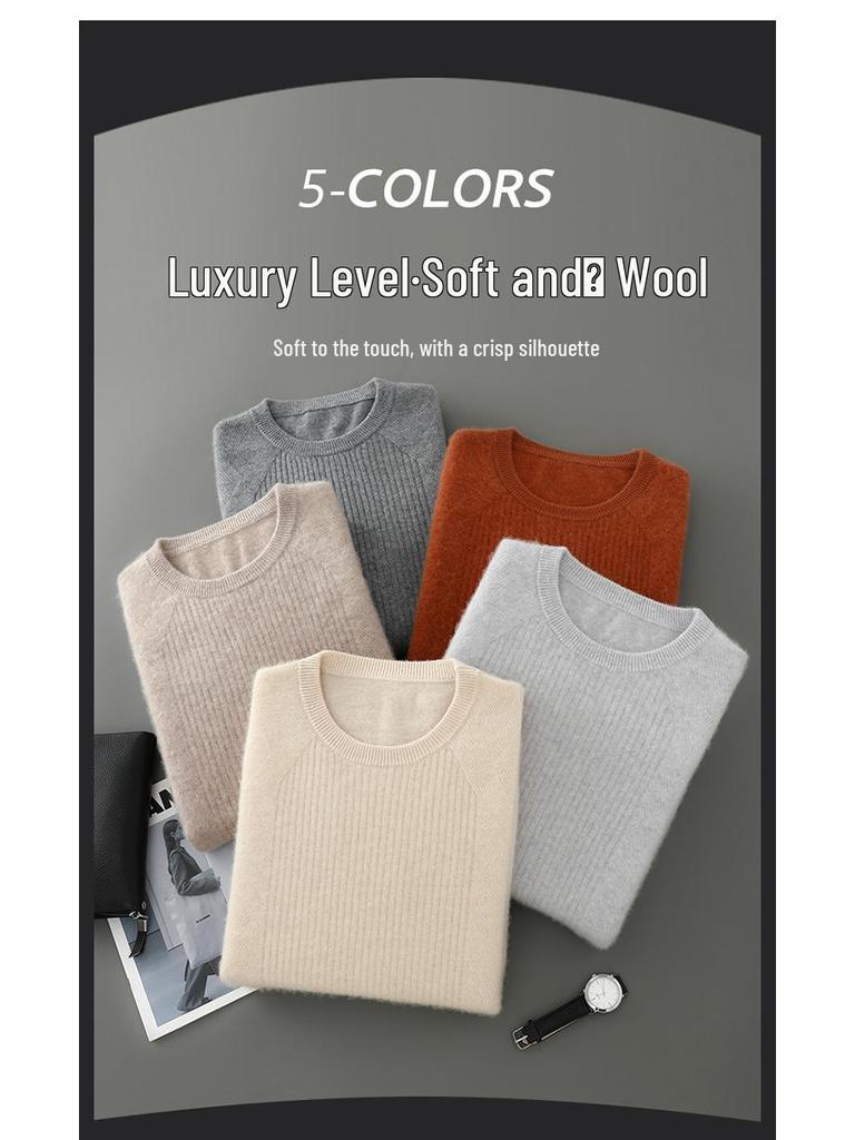 Men's High-Quality 100% Wool Round Neck Sweater, Vertical Ribbed Knit, Soft and Luxurious Thick Base Layer