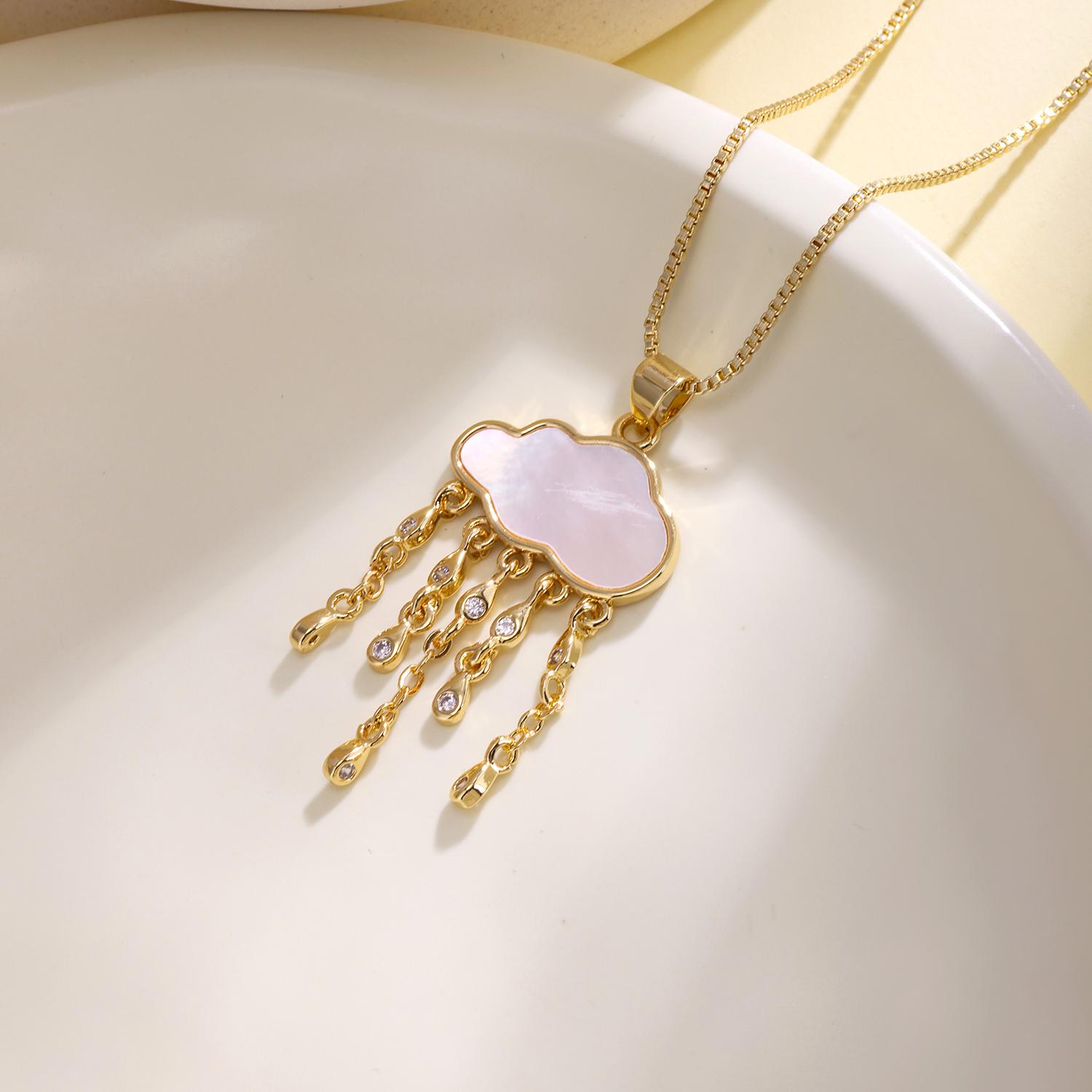 Nidin New Arrival Shell Cloud Pendant Necklace For Women Cubic Zirconia Moon & Raindrop Tassel Necklaces Fashion Jewelry Gifts
