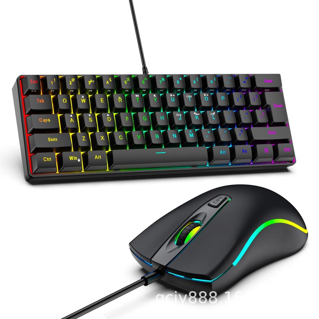 61-Key RGB Wired Gaming Keyboard & Mouse Set, Non-mechanical Membrane, Black & White, with Seven-Color Mini Backlight
