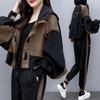 Women's Spring and Autumn Suit Color Blocking Casual Hooded Jacket + Pants Temperament Aging Two Piece Set