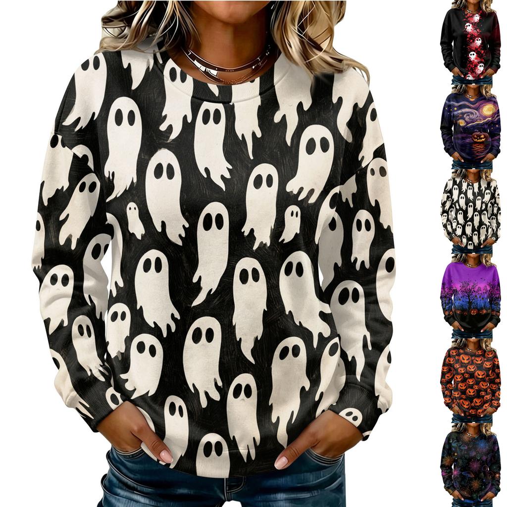 Women's Casual Long Sleeve Halloween Print Crewneck Sweatshirt