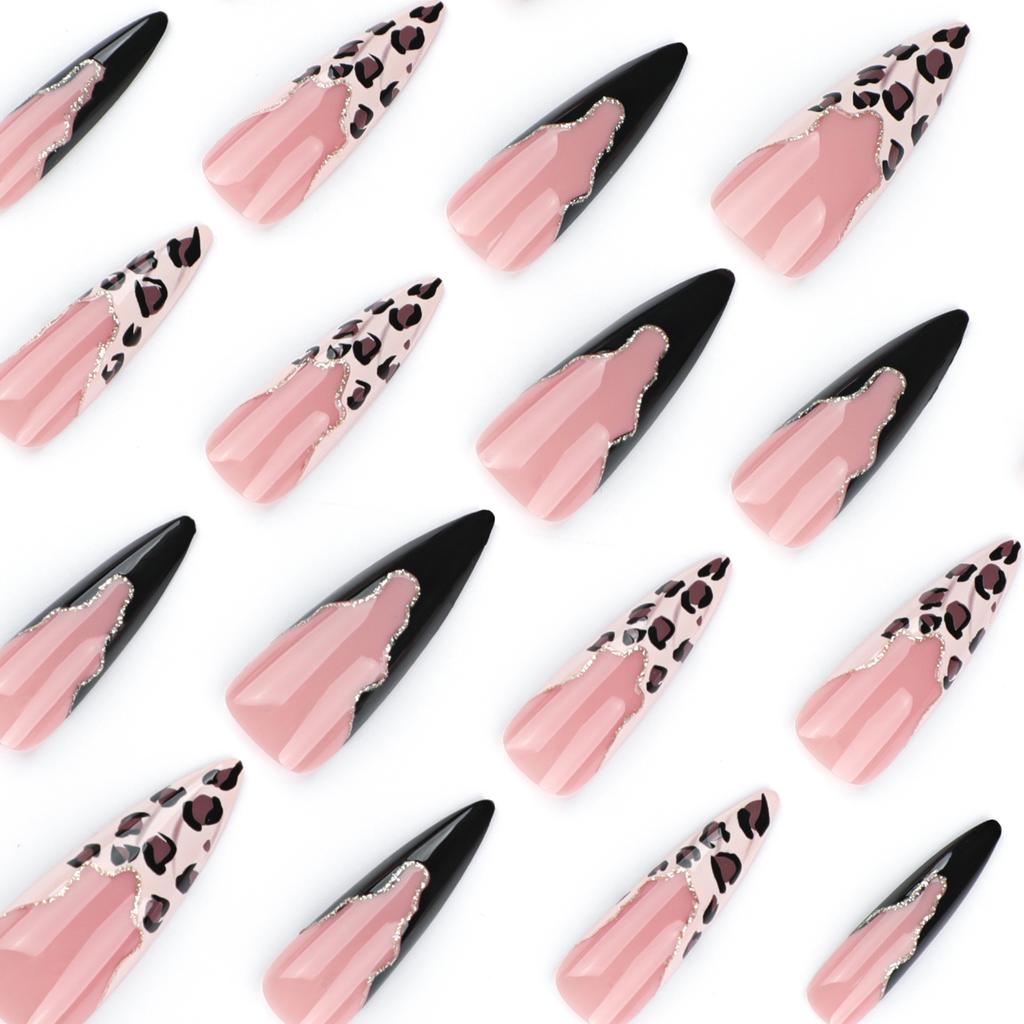 French leopard print manicure, hot-selling wearing nail pads in Europe and America, black splicing fake nails, super long pointed nail pads
