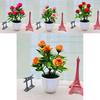 Artificial Seven Rose Desktop Plant With Miniature Greenery For Wedding Decor