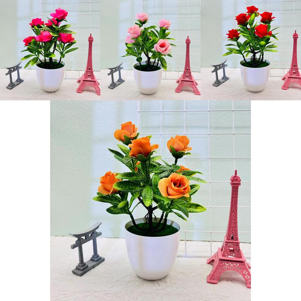 Artificial Seven Rose Desktop Plant With Miniature Greenery For Wedding Decor