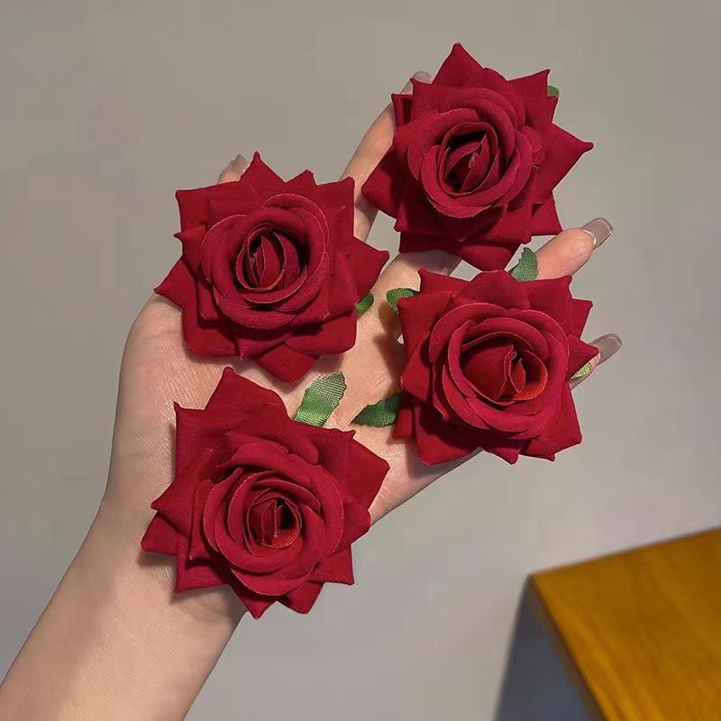 Retro Red Rose Flower Hair Clip For Women Artificial Hairpin Side Clip Barrette Headdress For Bridal Wedding Hair Accessories