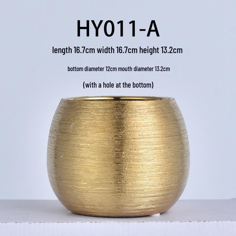 European Style Gold-Plated Ceramic Succulent Pot - Round Brushed Vase for Living Room Decor
