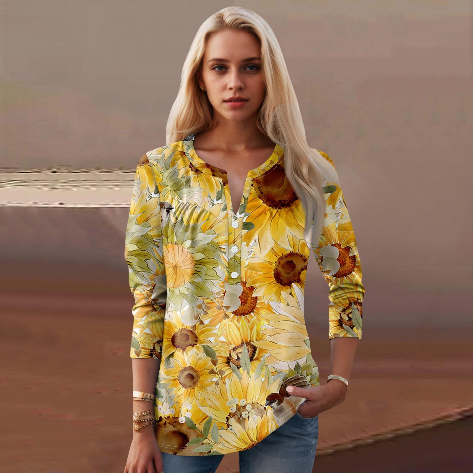 

Женская мода повседневный топ с длинным рукавом и круглым вырезом с цветочным принтом M золотой