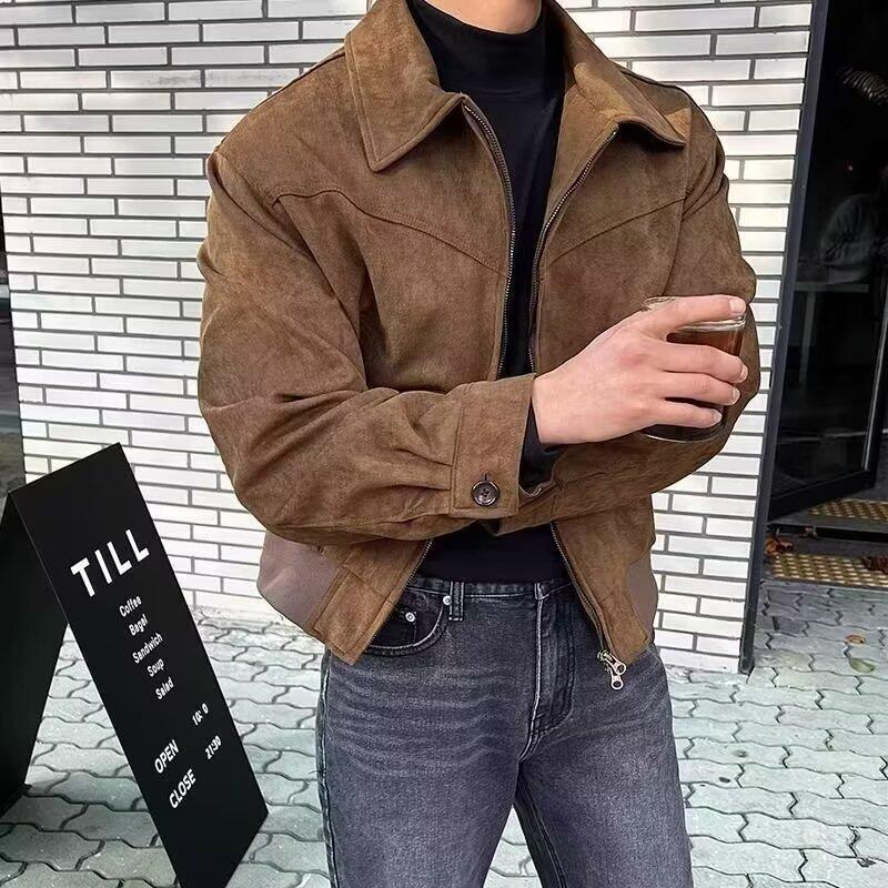 Korean Men's Suede Lapel Zipper Jacket - Autumn/Winter Hong Kong Style Trend