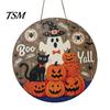 Waterproof Halloween Wall Art Boo Wood Door Hanger Sign with Cute Ghost Black Hat Pumpkin Print, Front Solid Yard Decoration Porch Decor, Round Wooden